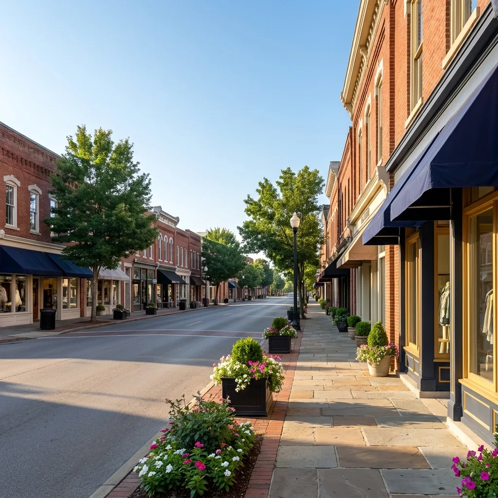 Historic downtown Franklin, Tennessee Main Street with brick storefronts on a clear morning