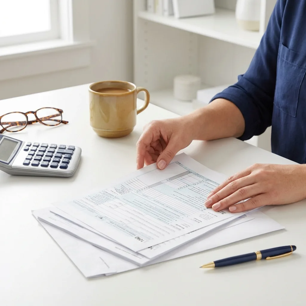 Hands organizing individual 1040 income tax documents with a calculator on a bright desk